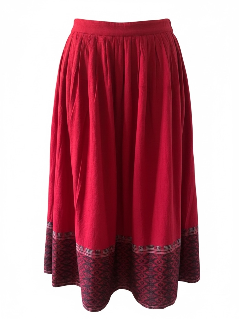 World Market Red A-Line Midi Skirt with Patterned Hem